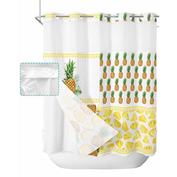 No Hook Shower Curtain with Snap in Liner, Watercolor Orange Pineapple with Leaves Hotel Shower Curtains for Bathroom, Washable Shower Curtain Liner Set with Mesh Top Window, 72"x72"
