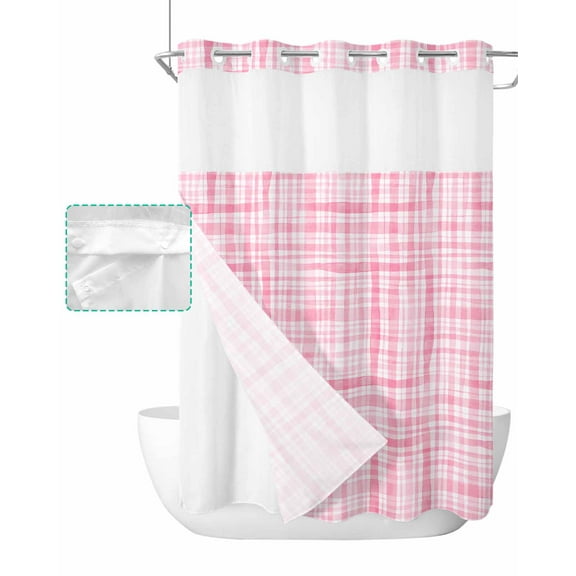 No Hook Shower Curtain with Snap in Liner, Watercolor Pink Buffalo Plaid Hotel Shower Curtains for Bathroom, Washable Shower Curtain Liner Set with Mesh Top Window, 48"x72"