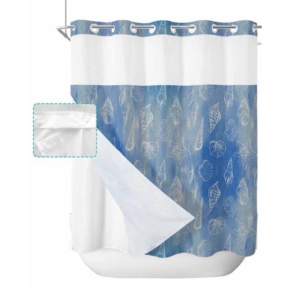 No Hook Shower Curtain with Snap in Liner, Watercolor Vintage Gradient Blue Ocean Starfish and Shells Shower Curtains for Bathroom, Washable Shower Curtain Liner Set with Mesh Top Window, 72”x78”