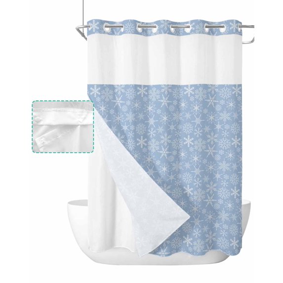 No Hook Shower Curtain with Snap in Liner, Winter Christmas Snowflake Blue Hotel Shower Curtains for Bathroom, Washable Shower Curtain Liner Set with Mesh Top Window, 72"x96"
