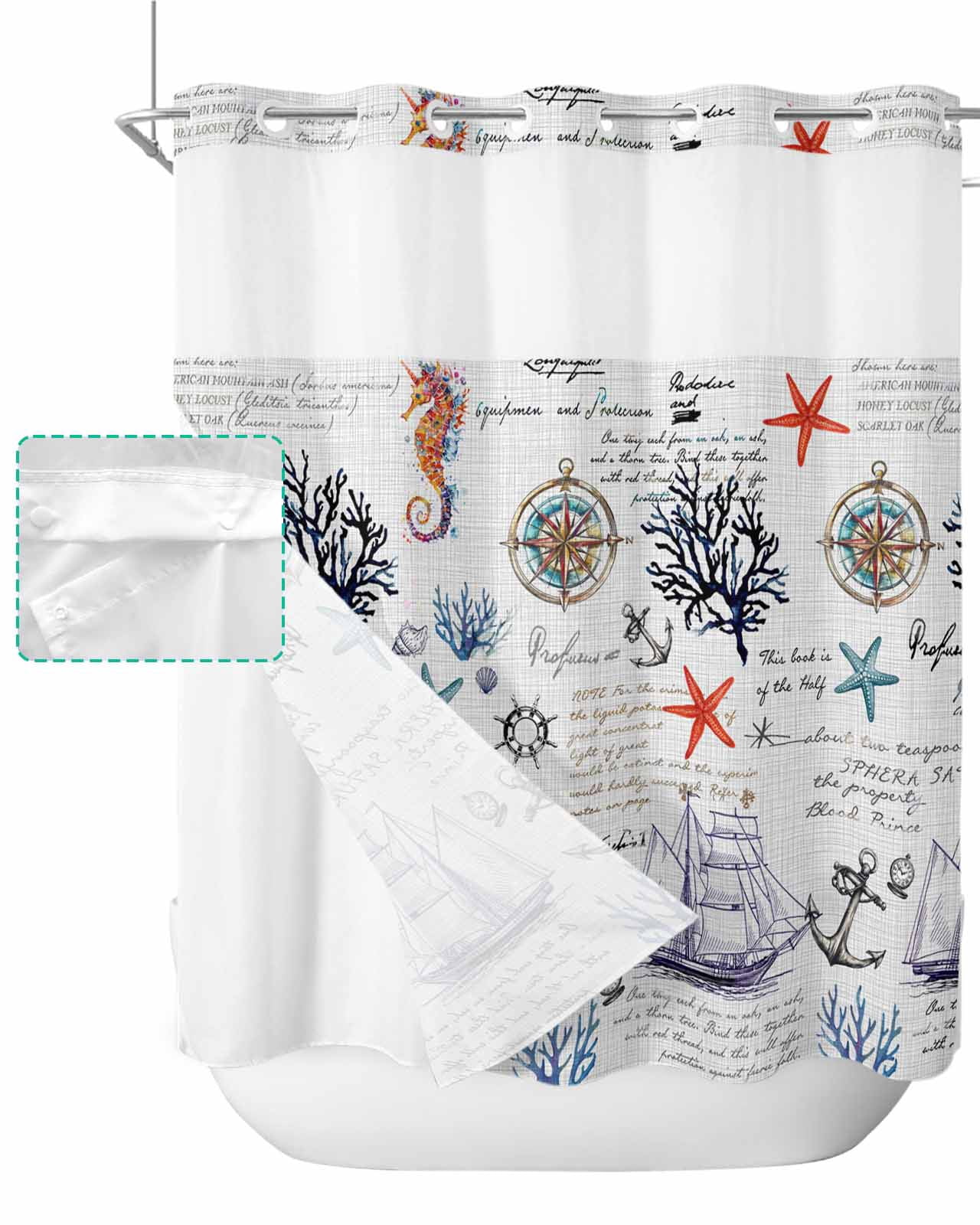 Britown Sailboat Shower Curtain Set – Retro Ocean Design, Snap-in Liner, See-Through Mesh Top (71x74 Inch)