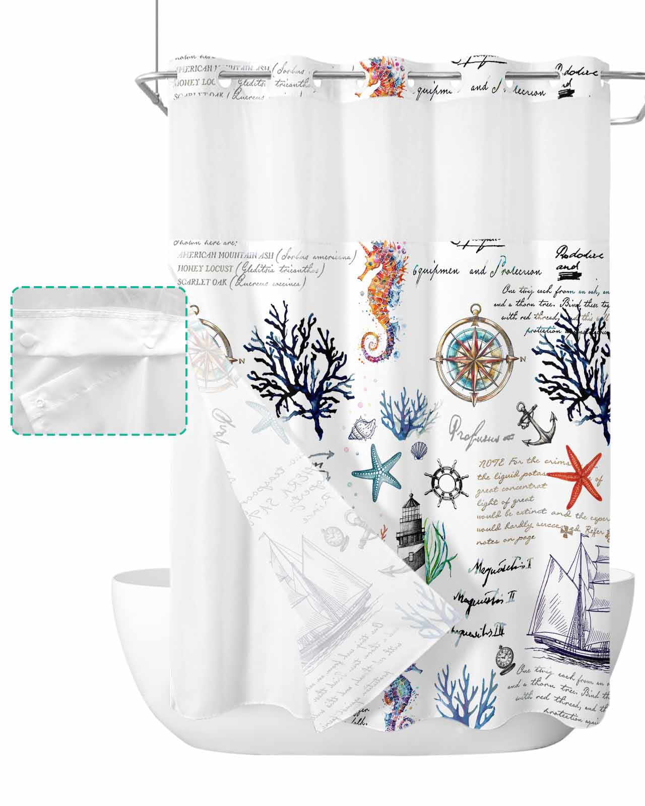 Britown Retro Sailboat & Lighthouse Shower Curtain Set - Double Layer With Snap-in Liner, See-Through Mesh Top, 71x74 Inches
