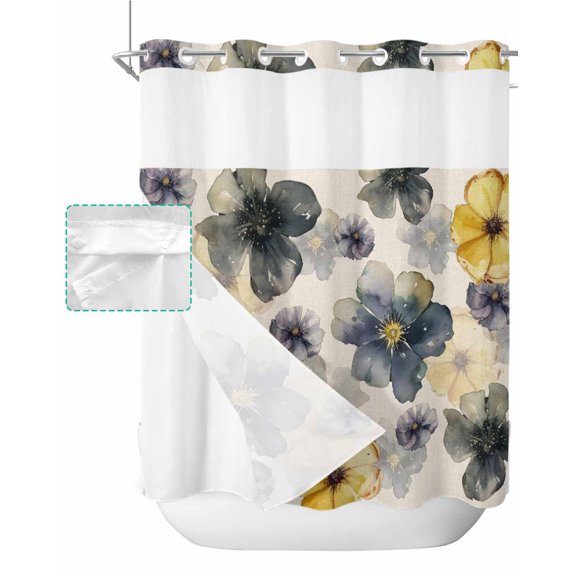No Hook Shower Curtain with Snap in Liner, Yellow Gray Violet Flower Nostalgic Pattern Hotel Shower Curtains for Bathroom, Washable Shower Curtain Liner Set with Mesh Top Window, 72”x78”