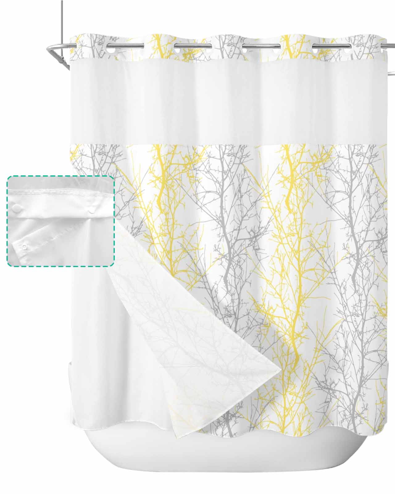 No Hook Shower Curtain with Snap in Liner, Yellow Grey Tree Branch