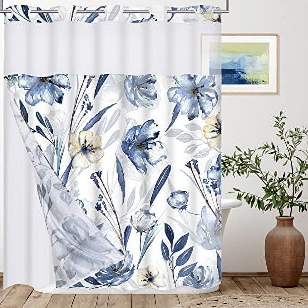 No Hook Shower Curtain with Snapin Liner Set Hotel Grade Blue Floral