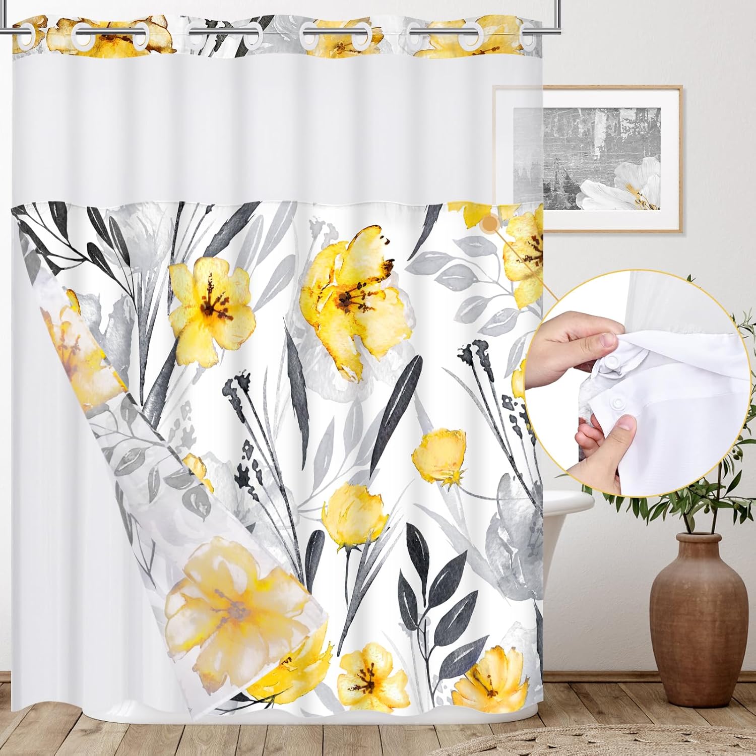 No Hook Shower Curtain with Snapin Liner Set, Hotel Style Yellow