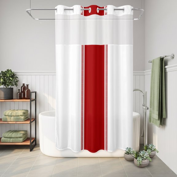No Hook Shower Curtain with Built-In Rings, Red Washable Waterproof Fabric Curtain with Mesh Top Window for Bathtub and Bathroom,Stripes 36"x72"