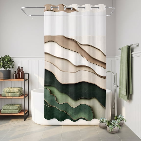 No Hook Shower Curtain with Built-In Rings, Washable Waterproof Fabric Curtain with Mesh Top Window for Bathtub and Bathroom,36"x72"
