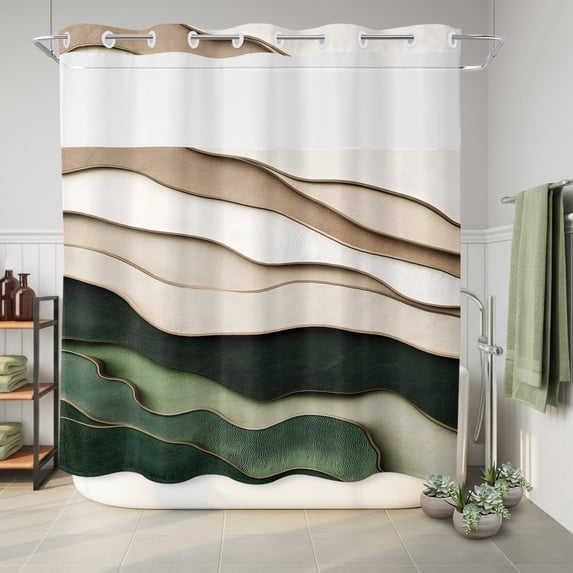 No Hook Shower Curtain with Built-In Rings, Washable Waterproof Fabric Curtain with Mesh Top Window for Bathtub and Bathroom,72"x72"