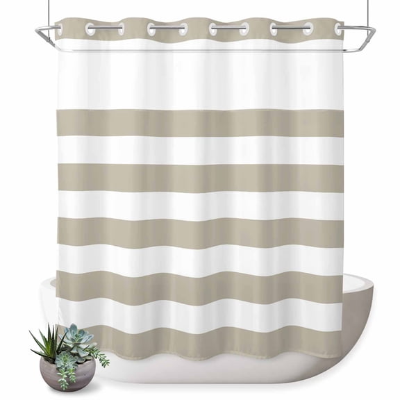 No Hook Shower Curtain with Built-in Rings - Classical Stripe Washable Waterproof Fabric Bathroom Curtains for Hotel,Rentals, 72 X 72 Inch Long Beige