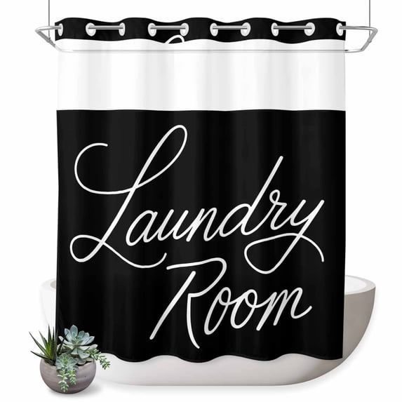 No Hook Shower Curtain with Built-in Rings - Laundry Room Washable Waterproof Fabric Bathroom Curtains for Hotel,Rentals, 72 X 72 Inch Long , Black