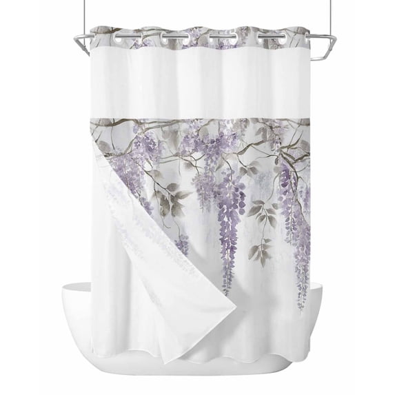 No Hook Shower Curtain with Snap in Liner Bauhinia Shower Curtain -Fabric Waterproof Inner Liner, Purple Flower Shower Curtains Washable 60"x72"