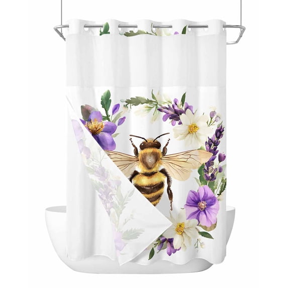 No Hook Shower Curtain with Snap in Liner Bee Shower Curtain -Fabric Waterproof Inner Liner, Purple Flower Wreath Shower Curtains Washable 72"x84"