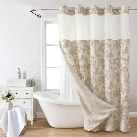 No Hook Shower Curtain with Snap in Liner Beige Floral Cotton Linen Cottagecore Shower Curtain for Bathroom 72" W x 75" L