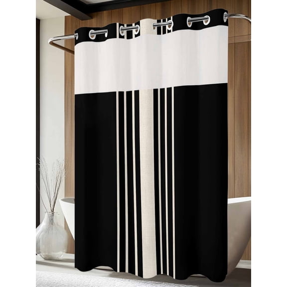 No Hook Shower Curtain with Snap in Liner, Black Stripe Line Waterproof Fabric Bathroom Curtain Mesh Top Window, Retro Linen Shower Curtains 60x72in