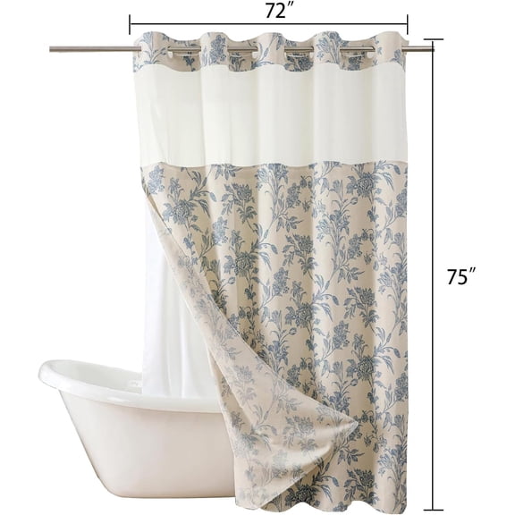No Hook Shower Curtain with Snap in Liner Blue Floral Cotton Linen Cottagecore Shower Curtain for Bathroom 72" W x 75" L