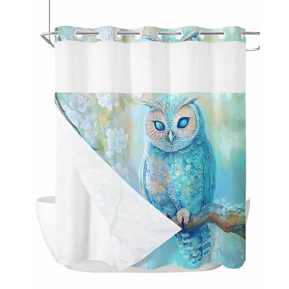 No Hook Shower Curtain with Snap in Liner Blue Owl Shower Curtain -Fabric Waterproof Inner Liner, Vintage Branch Shower Curtains Washable 72"x72"