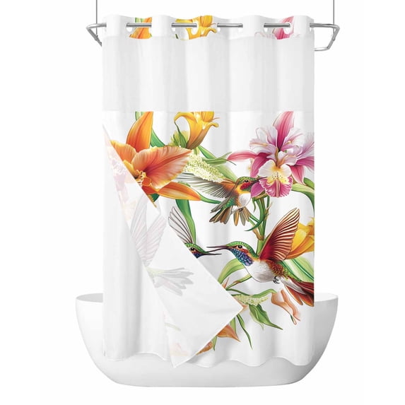 No Hook Shower Curtain with Snap in Liner Kingfisher Shower Curtain -Fabric Waterproof Inner Liner, Bird Flower Shower Curtains Washable 54"x78"