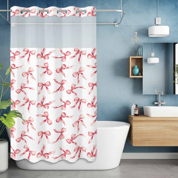 No Hook Shower Curtain with Snap in Liner, Pink Bow Seamless Waterproof Fabric Bathroom Curtain Mesh Top Window, Romance Shower Curtains 36x72in