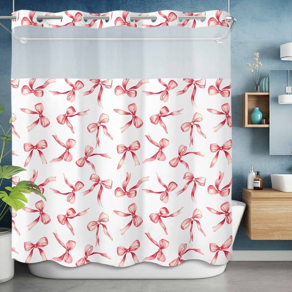 No Hook Shower Curtain with Snap in Liner, Pink Bow Seamless Waterproof Fabric Bathroom Curtain Mesh Top Window, Romance Shower Curtains 72x72in