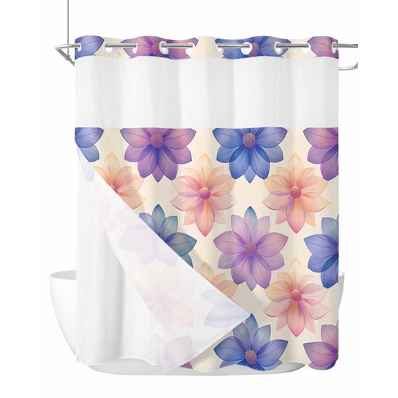 No Hook Shower Curtain with Snap in Liner Pink Purple Shower Curtain -Fabric Waterproof Inner Liner, Flowers Pattern Shower Curtains Washable 72"x72"