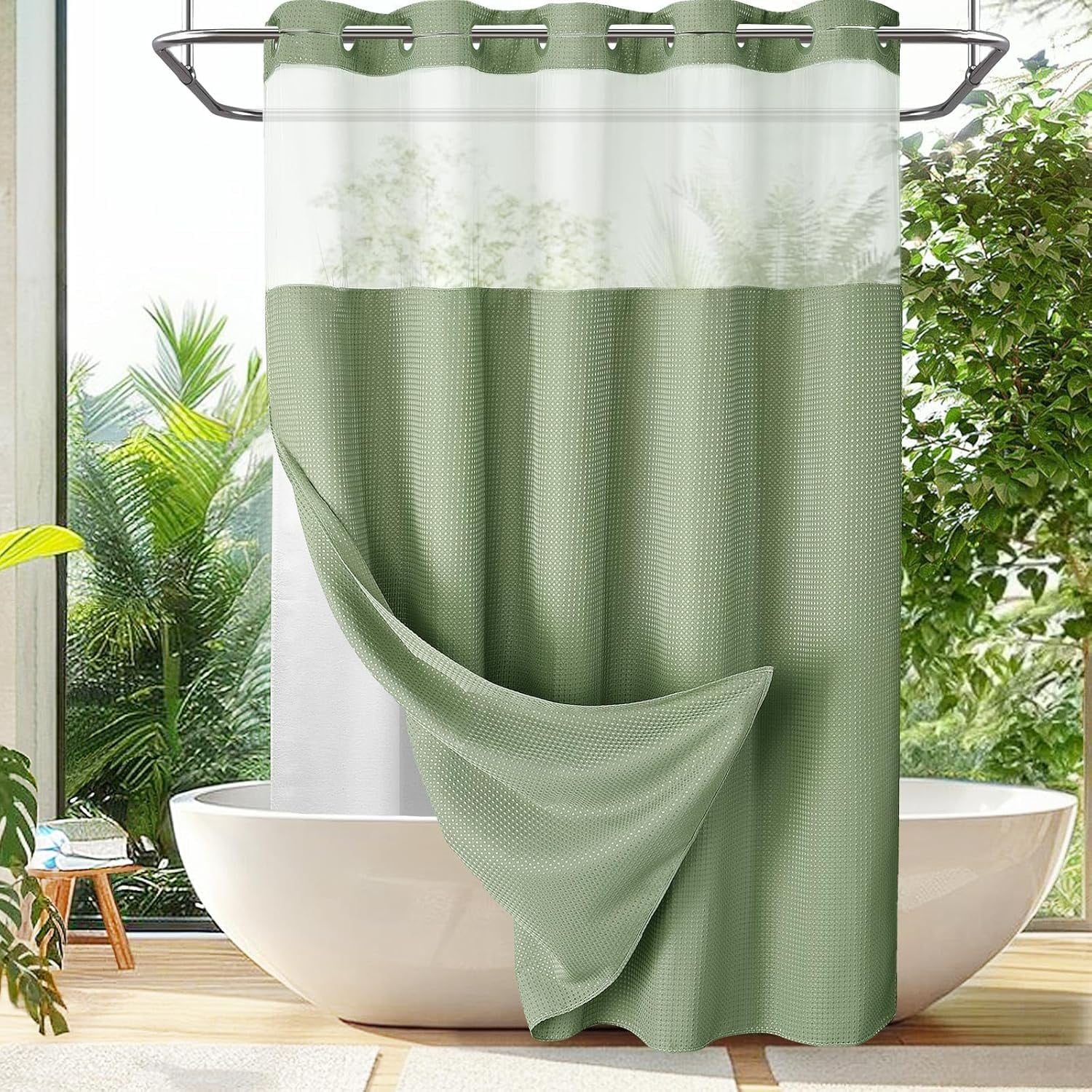 No Hook Shower Curtain with Snap in Liner Set Less Time Black Waffle Shower Curtain for Bathroom 75" L x 72" W