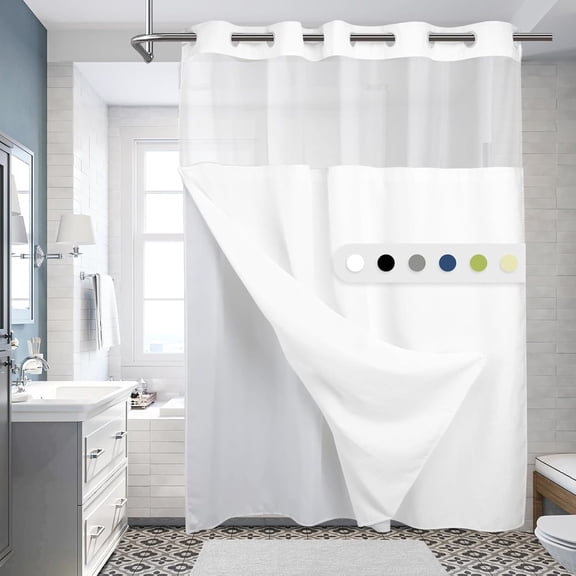 No Hook Shower Curtain with Snap in Liner Set,Modern White Fabric Shower Curtains for Bathroom Hotel Style Decor 71x74