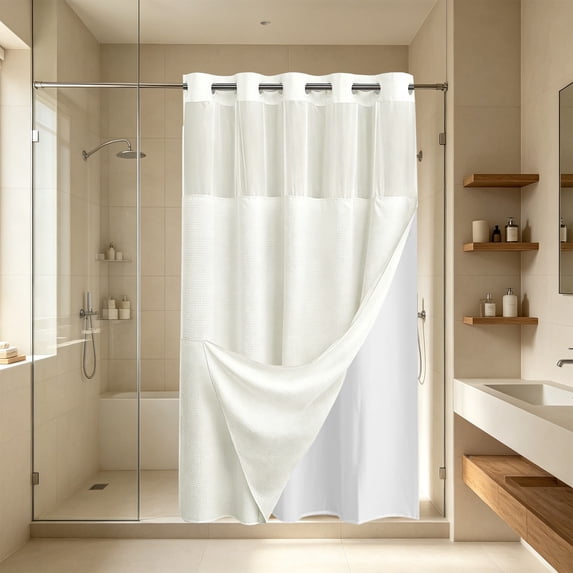 No Hook Shower Curtain with Snap in Liner Set Waffle Shower Curtain for Bathroom Hotel Style Fabric Waterproof Inner Liner,71" W x 75" H, White