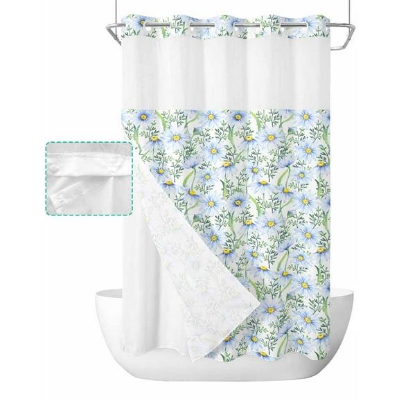 No Hook Shower Curtain with Snap in Liner, Summer Hotel Shower Curtains for Bathroom, Washable Shower Curtain Liner Set with Mesh Top Window, 36"x72"