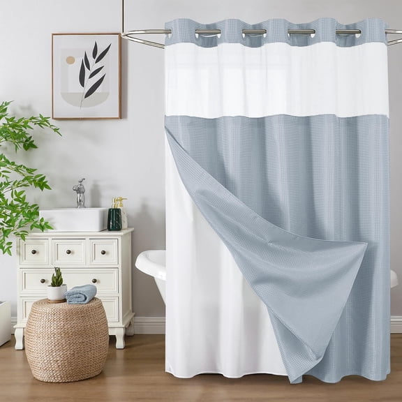 No Hook Shower Curtain with Snap-in Liner, Waffle Weave Waterproof Heavyweight Fabric Mesh Window Bathroom Curtain,Mist Blue 71"x75"