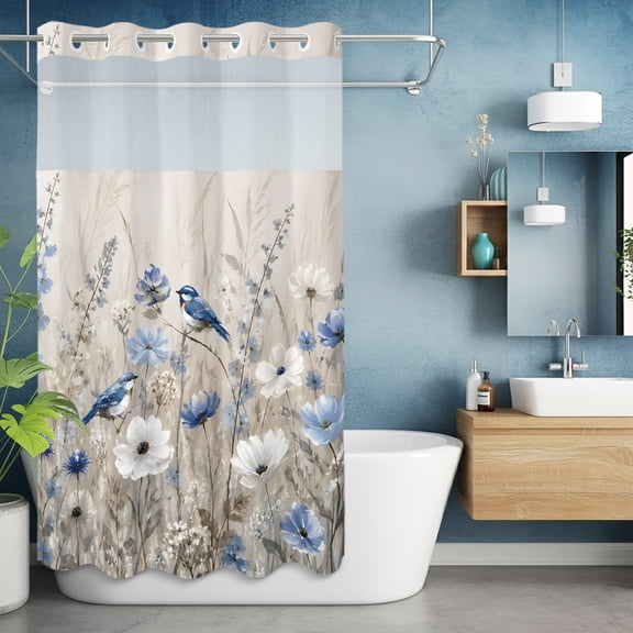 No Hook Shower Curtain with Snap in Liner, Waterproof Bathroom Curtain Mesh Top Window, Shower Curtains 36x72in