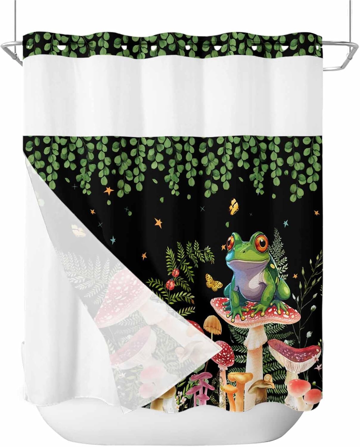 No Hook Shower Curtains With Snap In Liner, Mushrooms Frog Waterproof
