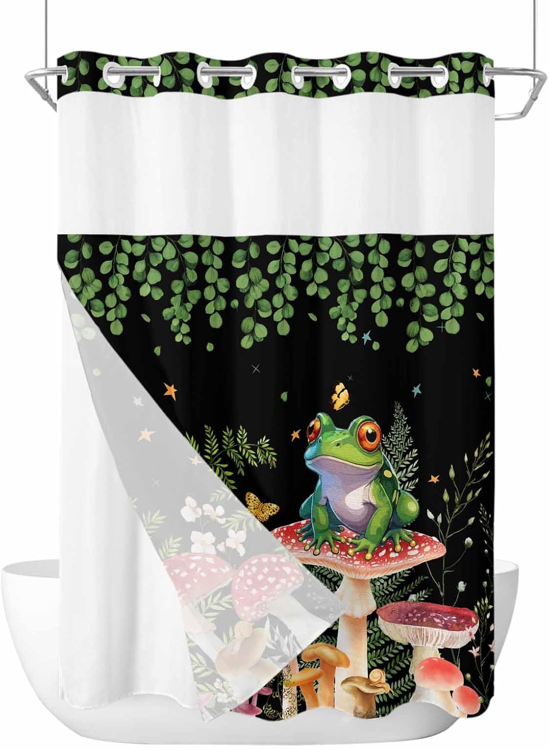 No Hook Shower Curtains With Snap In Liner, Mushrooms Frog Waterproof