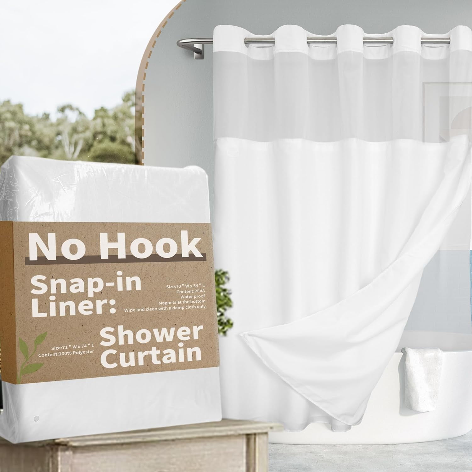 No Hook Slub Textured Shower Curtain with Snapin PEVA Liner Set 71