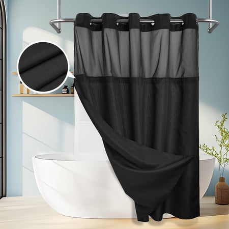Yiannan No Hook Slub Textured Shower Curtain with Snap-in PEVA Liner, Mesh Window - Black, 71 x 86