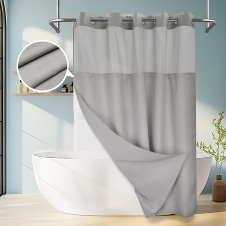 No Hook Slub Textured Shower Curtain with Snap-in PEVA Liner, Mesh Window - Dark Gray, 71 x 74