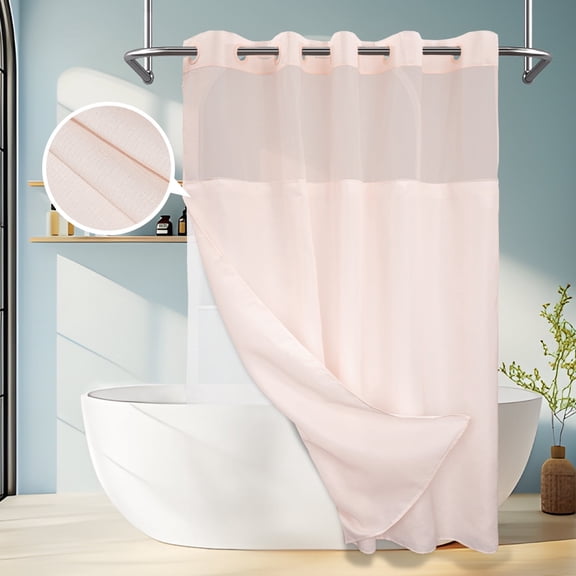 Yiannan No Hook Slub Textured Shower Curtain with Snap-in PEVA Liner, Mesh Window - Pink, 71 x 74