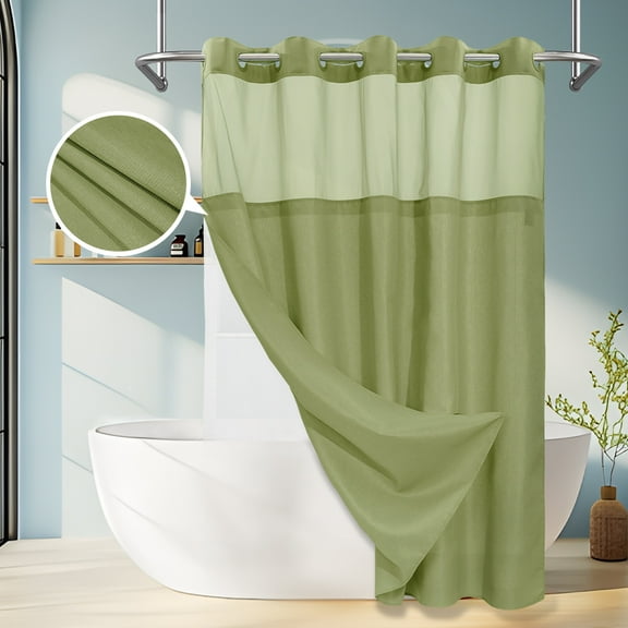 No Hook Slub Textured Shower Curtain with Snap-in PEVA Liner, Mesh Window - Sage, 71 x 74