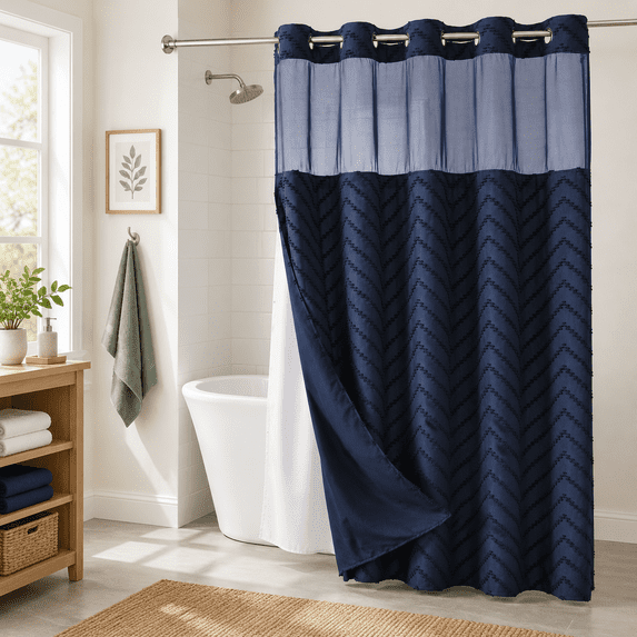 Thro No Hook Tufted Chevron Striped Shower Curtain With Snap-in Fabric Liner ...