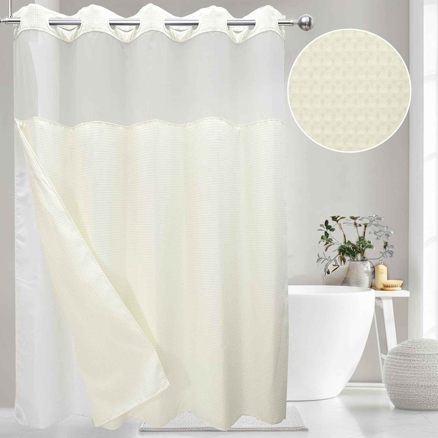 No Hook Waffle Weave Shower Curtain with Snapin Fabric Liner Set