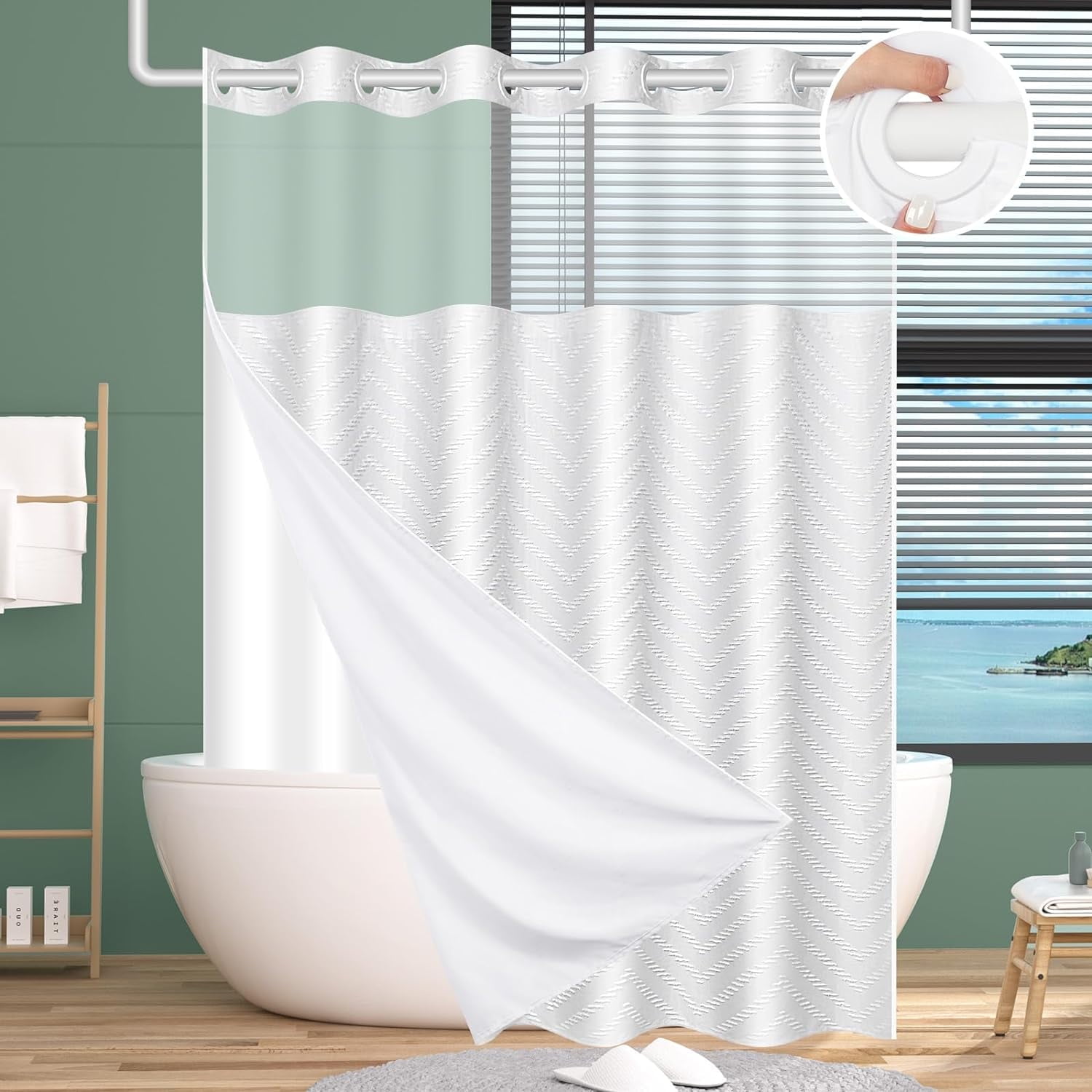 No Hook White Boho Tufted Hotel Shower Curtain with Snap-in Fabric