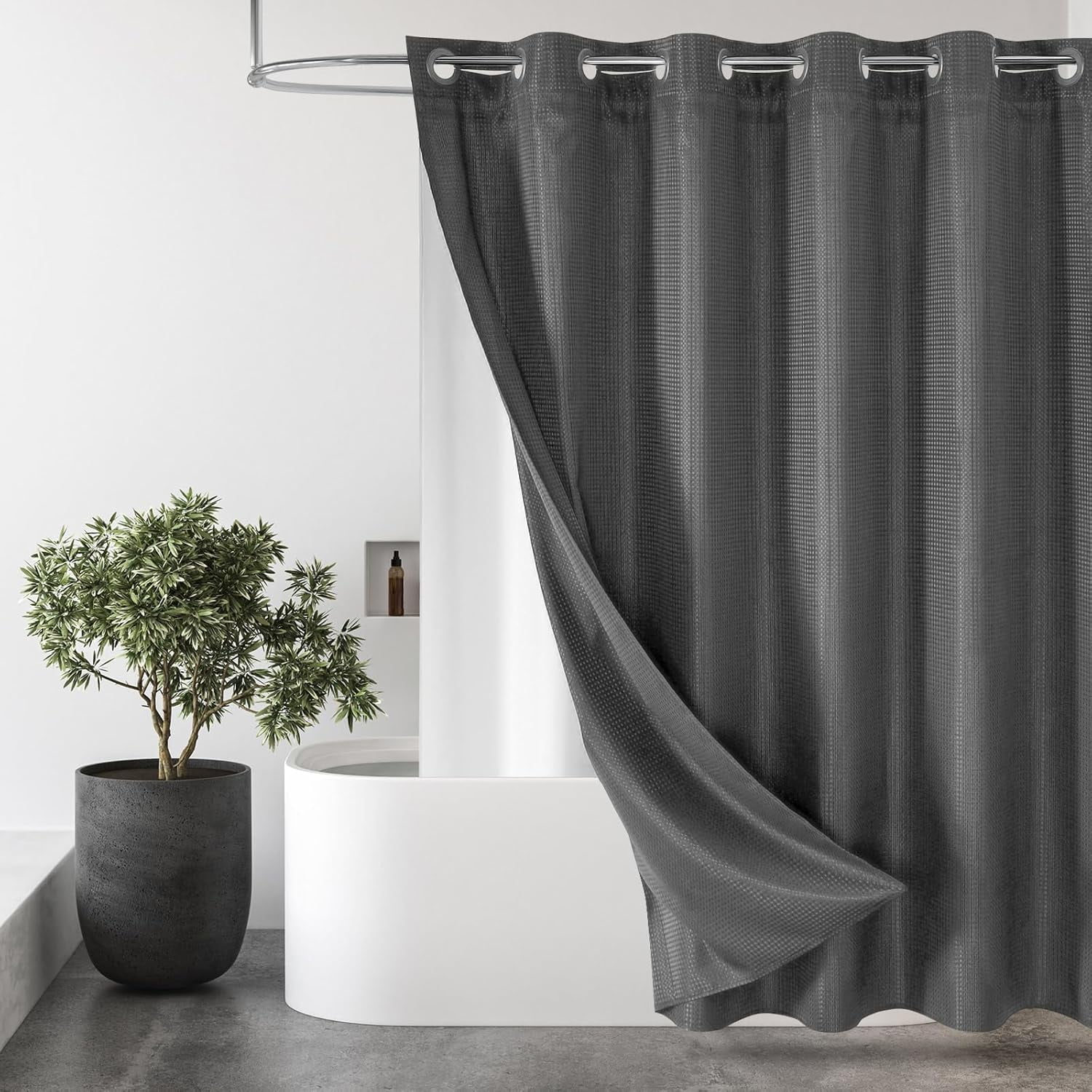 No Hooks Needed Extra Long Shower Curtain Set with Snap-in Liner: Grey ...