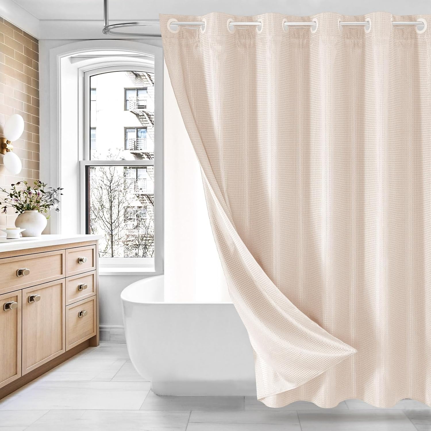 No Hooks Needed Extra Long Shower Curtain Set with Snap-in Liner: Pink ...
