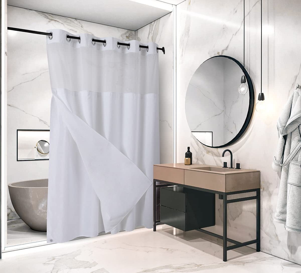 Hotel Style No Hooks Required Waffle Weave Shower Curtain with Snap-in ...