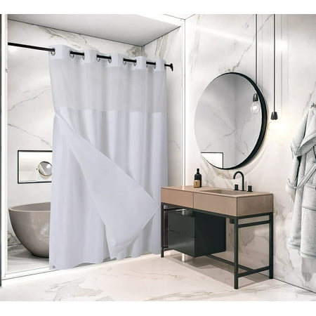 No Hooks Required Shower Curtain with Snap-in Liner Waffle Weave Design, Hotel Style Waterproof & Washable, Mesh TOP Window