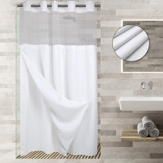 No Hooks Required Waffle Weave Shower Curtain with Snap in Liner - Stall 54W x 80H,Hotel Grade,Spa Like Bath Curtain,White