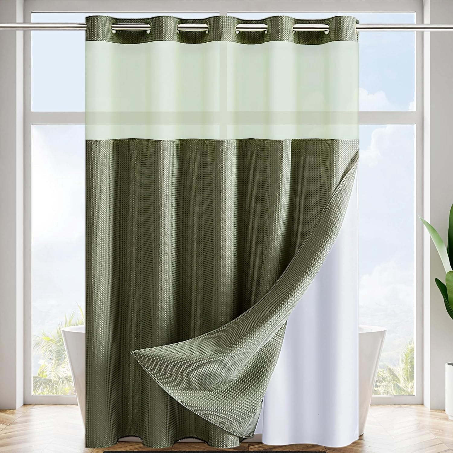 No Hooks Required Waffle Weave Textured Shower Curtain with Snapin