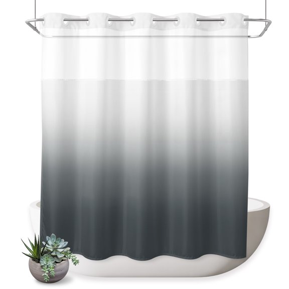 No Hooks Shower Curtain, Abstract Ombre Grey Waterproof Shower Curtains with See Through Top Window, Art Washable Bathroom Curtain,72x72IN