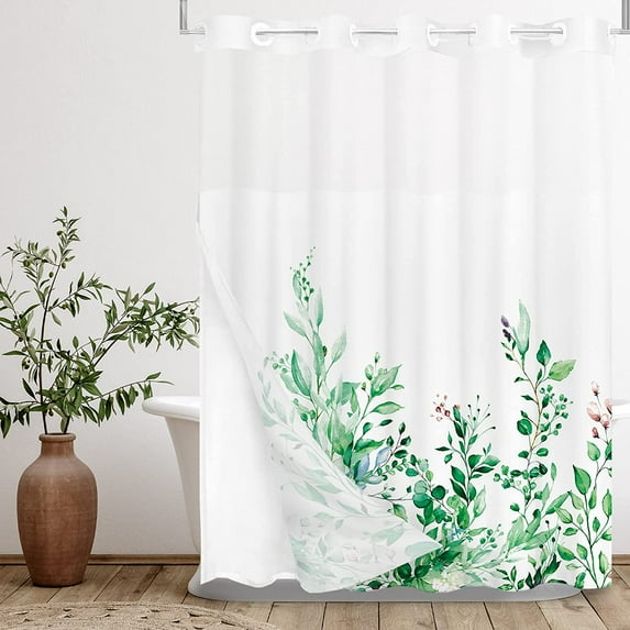No Hooks Snap in Liner Emerald Green Eucalyptus Leaves Shower Curtain Sets, Hotel Luxury Double Layers Waterproof Fabric & See-Through Top Window Bathroom Decorative 72x72 Inch