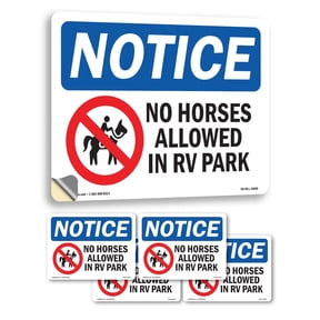 No Horses Allowed In RV Park With Symbol OSHA Notice Vinyl Decal Label 5 Inch x 3.5 Inch - 5 Pack